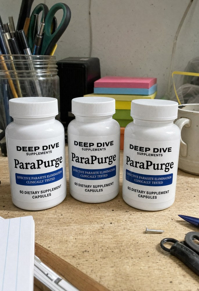 Three bottles of Deep Dive ParaPurge on a home workbench