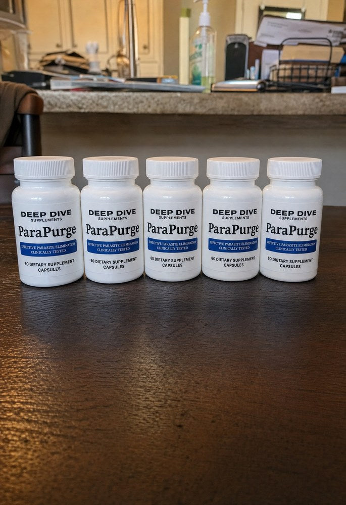 Five bottles of Deep Dive ParaPurge lined up on a table