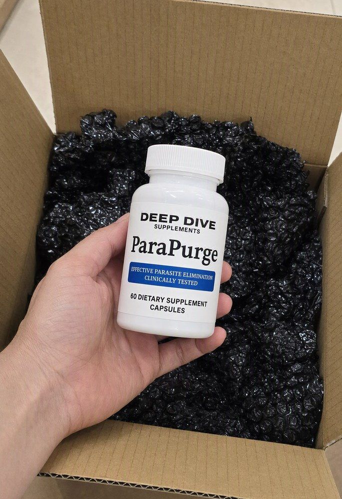 Customer holding a bottle of ParaPurge over a shipping box