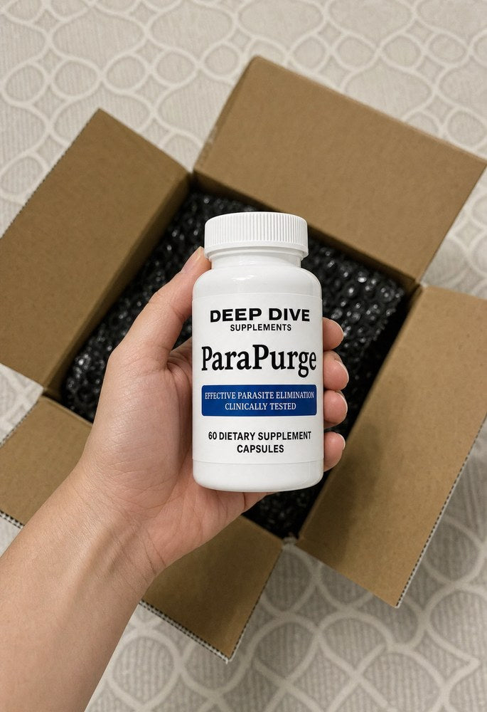 Customer holding a bottle of ParaPurge over an opened shipping box